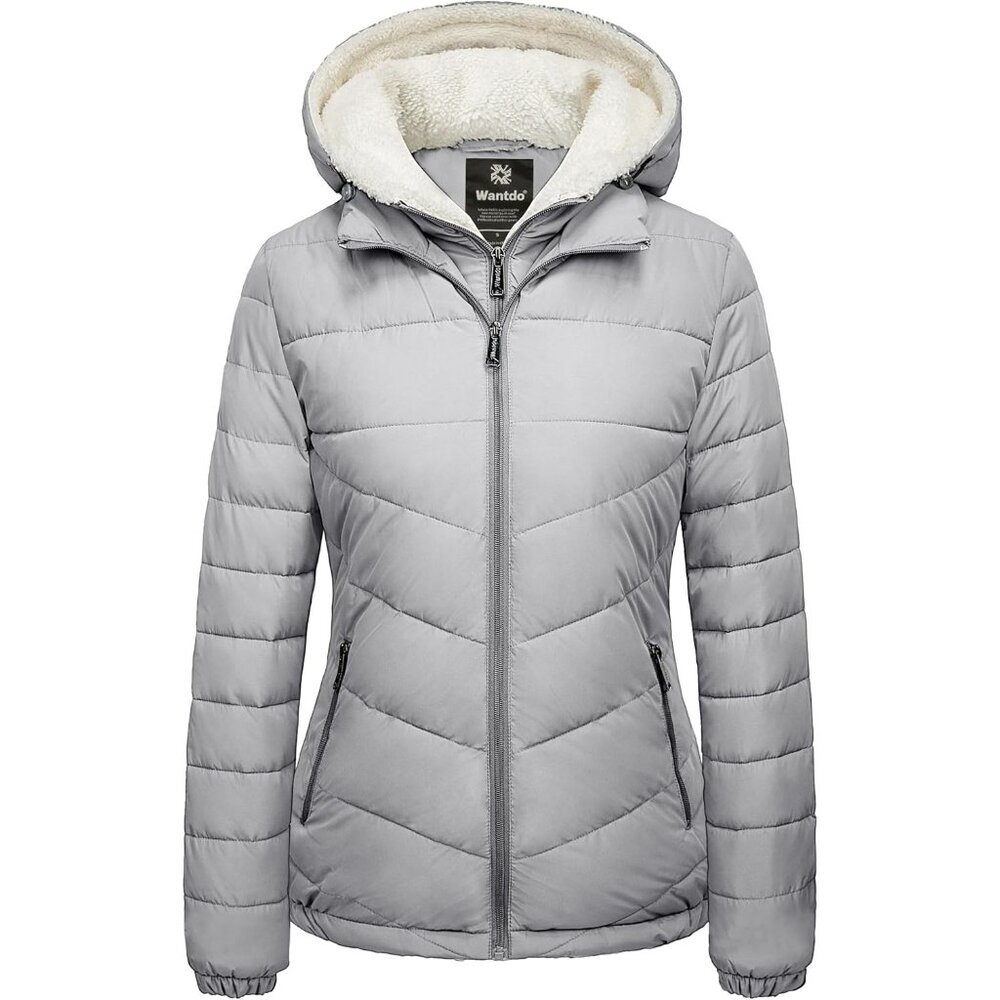 Women's Fabric Fleece Hooded Gray Puffer Quilted Jacket Coats Winter Warm